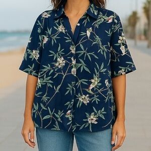 7th Avenue New York & CO Navy Blue Floral 3/4 Sleeve Button Down Shirt Size M